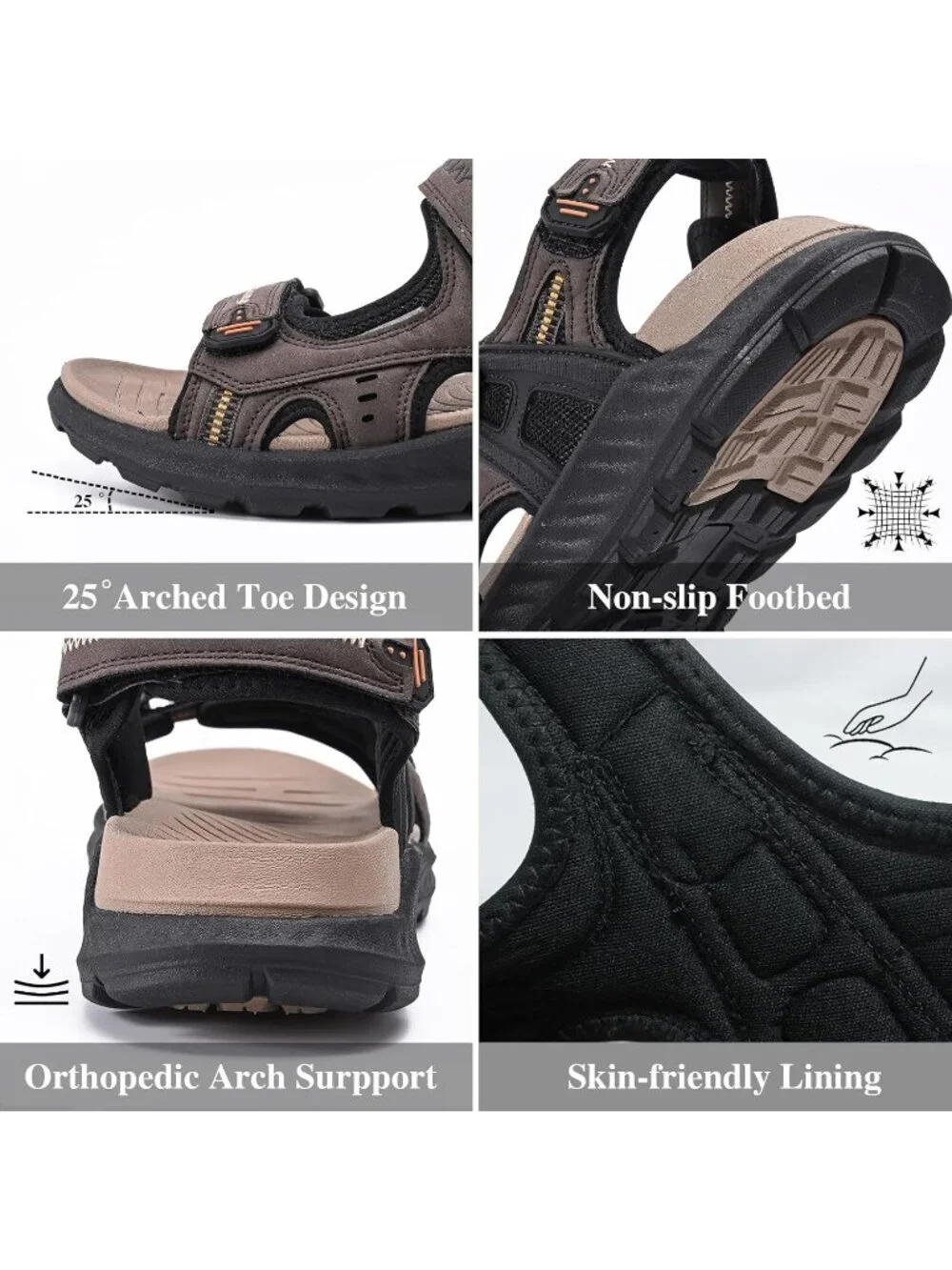 Men's Brown Hiking Sandals With Arch Support Casual Rubber Athletic Shoes